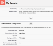 Screenshot: Authentication Configuration section on My Domain page, with Login Form selected for Authentication Service